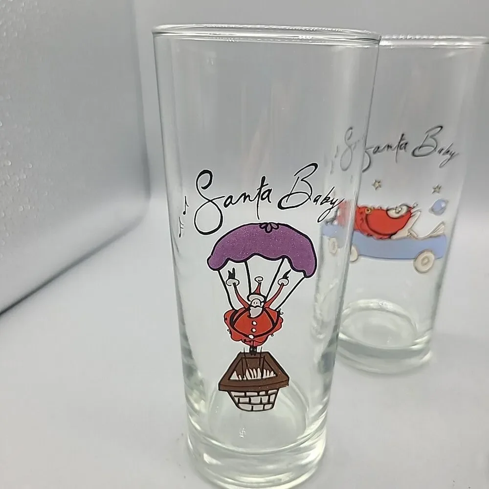 Set (4) Pottery Barn Highball Drinking Glasses  Christmas “Santa Baby” New